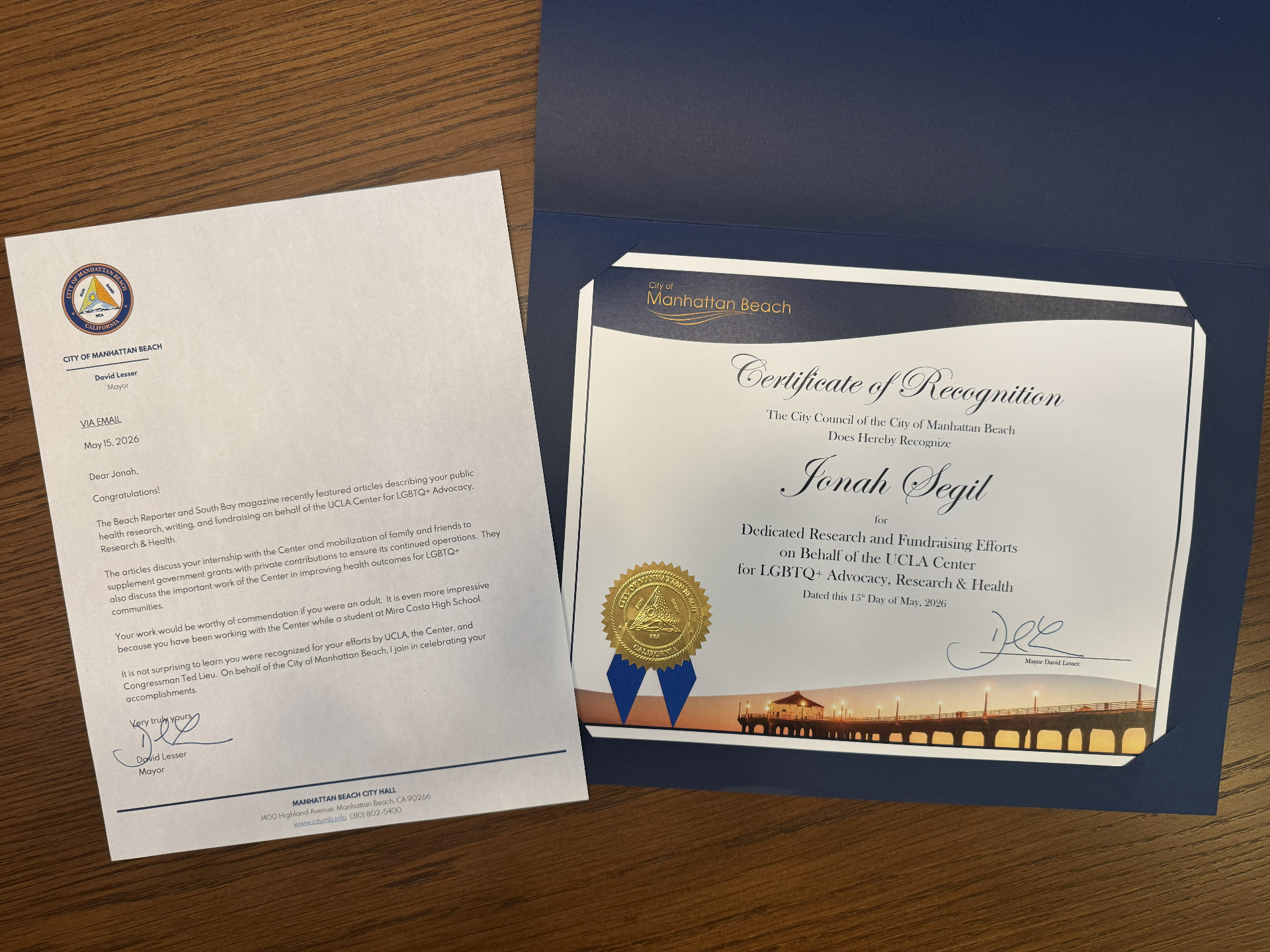 Letter from Mayor David Lesser alongside the Manhattan Beach Certificate of Recognition