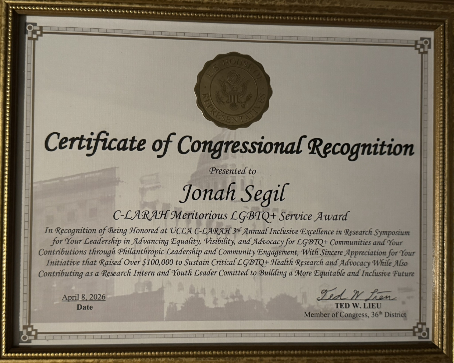 Certificate of Congressional Recognition