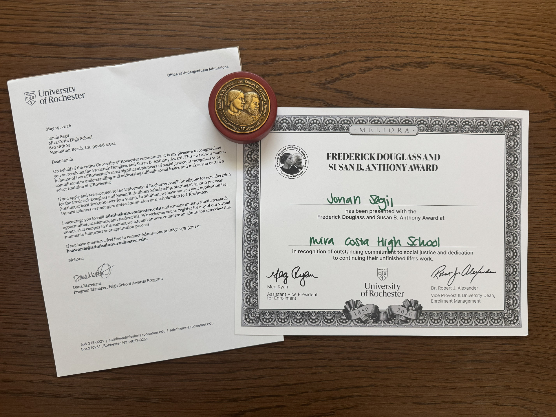 Frederick Douglass & Susan B. Anthony Award certificate