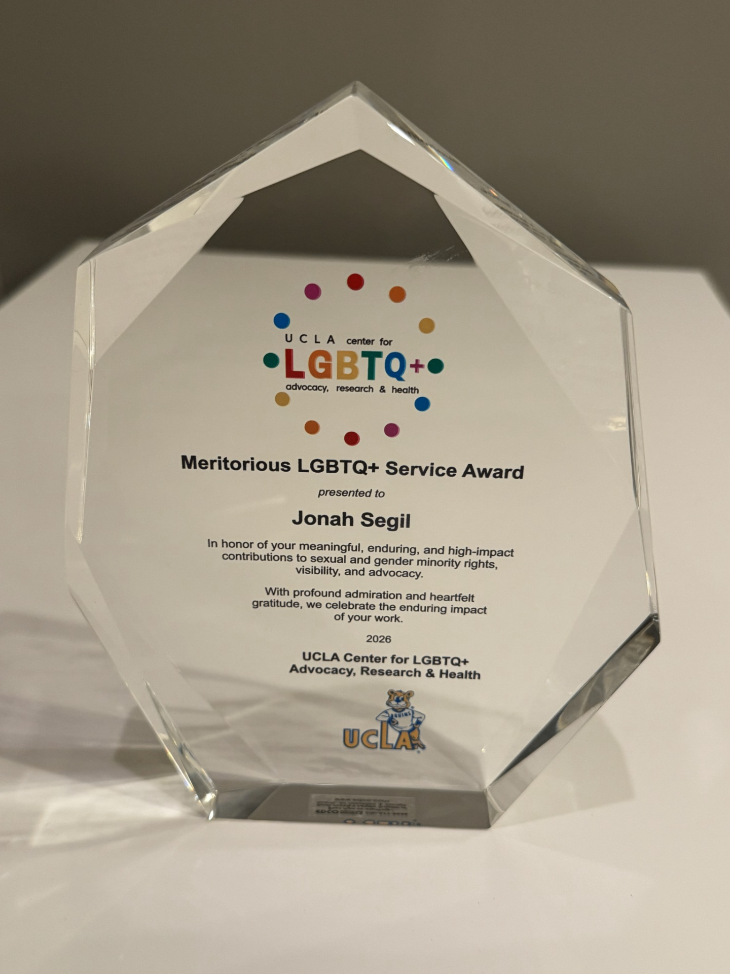 UCLA C-LARAH Meritorious LGBTQ+ Service Award crystal