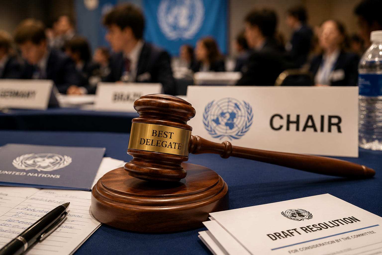 Best Delegate gavel award on the dais of a Model United Nations committee